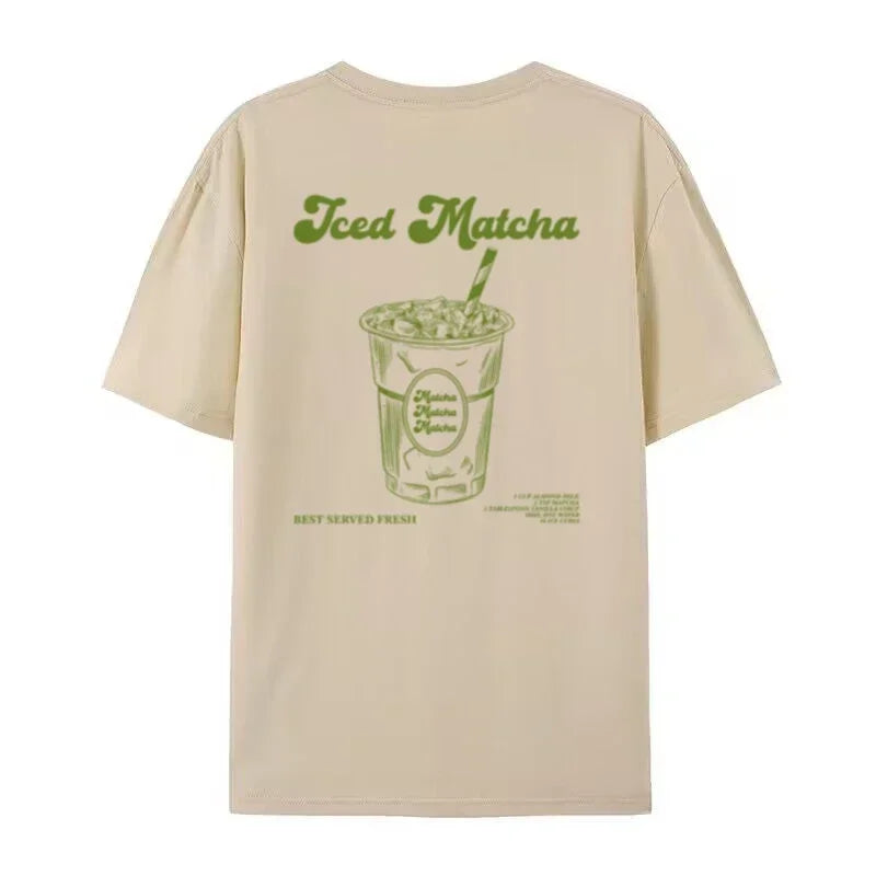 LIZAKOSHT  -  Iced Matcha Graphic Top Tees Short Sleeve Retro Aesthetic T-Shirts Cute Matcha Lover T Shirt Women Oversized Streetwear Clothing