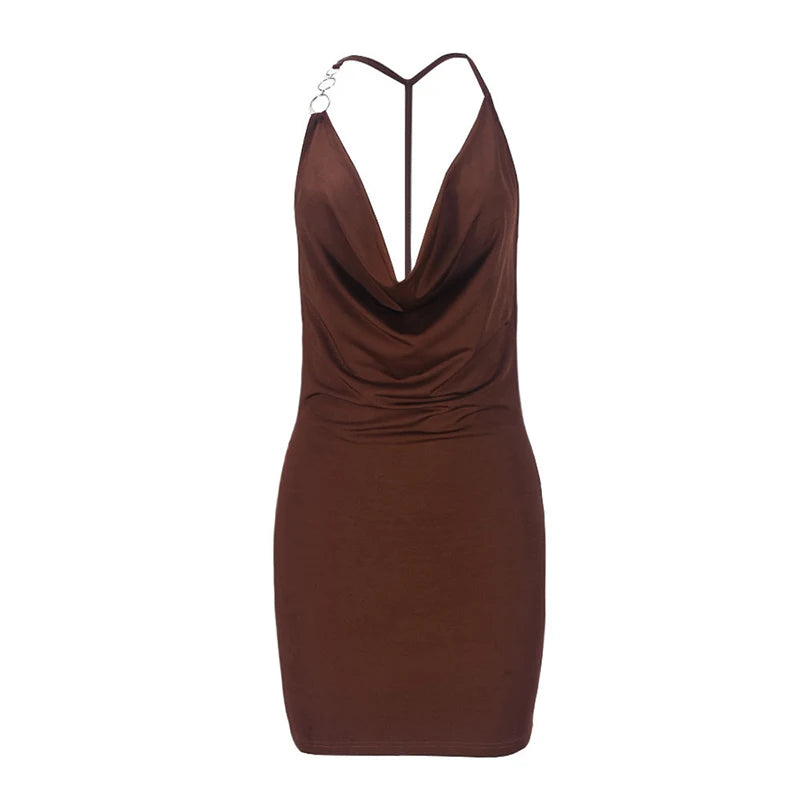 LIZAKOSHT  -  Women's Asymmetric Metal Ring Decorative Halter Swinging Collar Draped Backless Sleeveless Skinny Mini Dress Nightclub Wear