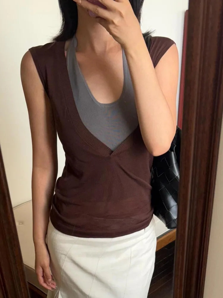 LIZAKOSHT  -  Tank Tops Women Patchwork Bandage Fake Two Piece Halter Slim Stretch Y2k Top Summer Fashion Sexy Camis Ladies Club