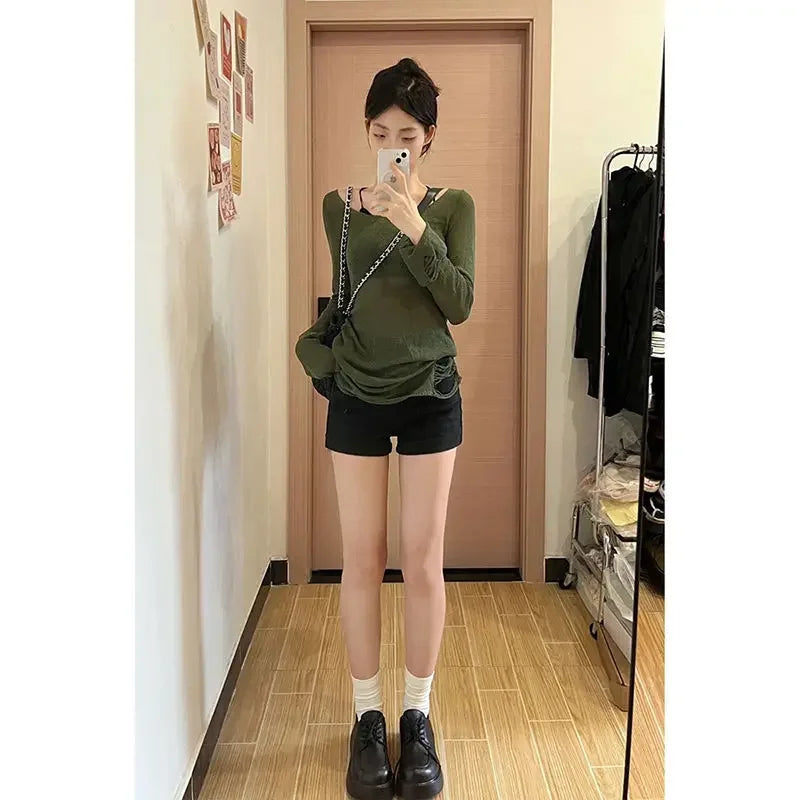 LIZAKOSHT  -  Y2k Vintage Green Sweater Women Kpop Gyaru Knitted Jumper Korean Fashion Slim Sexy Knitwear Distressed Grunge Pullover