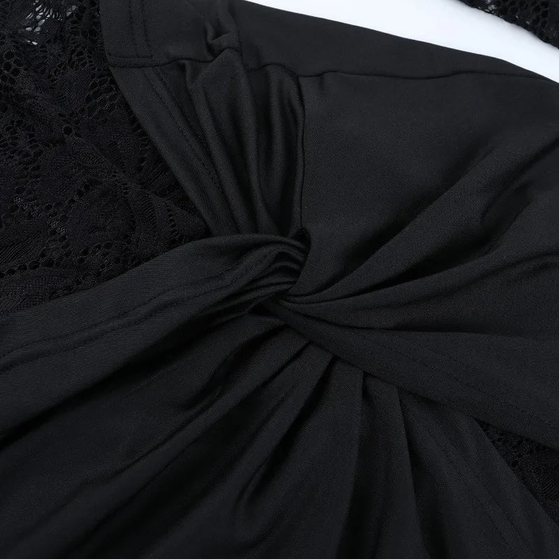 LIZAKOSHT  -  Twist Patchwork See Through Lace Bodycon Mini Dress Women Autumn O Neck Long Sleeve Ruched Slim Night Clubwear Party Dresses