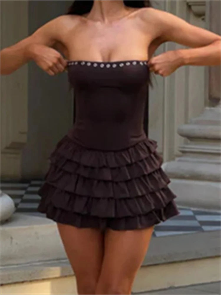 LIZAKOSHT  -  Strapless Off Shoulder Sexy Tube Dress for Women Backless Buttons Patchwork High Waist Ruffles Pleated Dress Vestidos