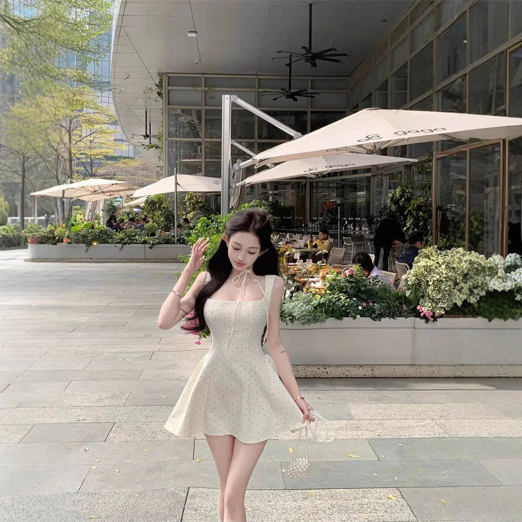 LIZAKOSHT  -  Original High Quality French Polka Dot Strap Dress Women's Summer Sexy Slimming Short Skirt Mini Dress Square Collar Sleeveless