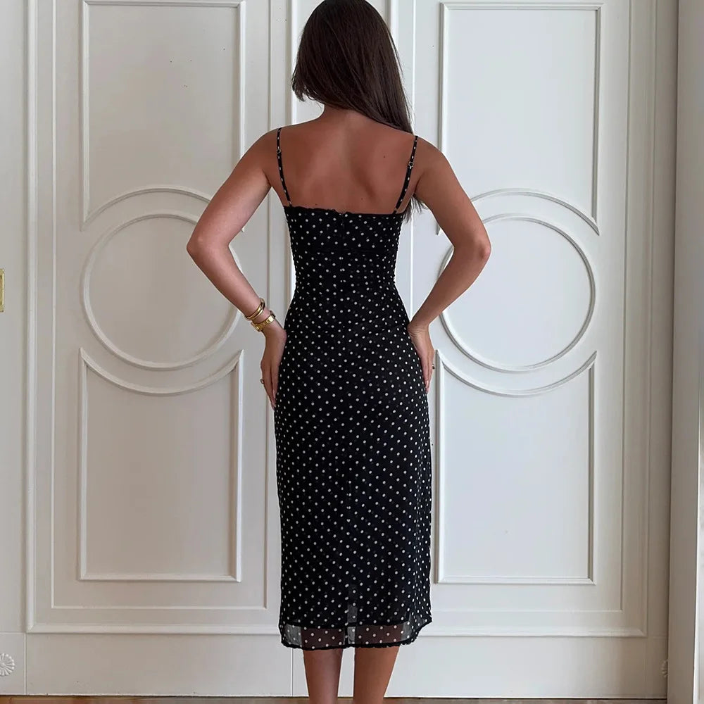 LIZAKOSHT  -  Elegant Lace Patchwork Chiffon Polka Dot Dress White Black Summer Women Spaghetti Strap Zipper Evening Party Dresses