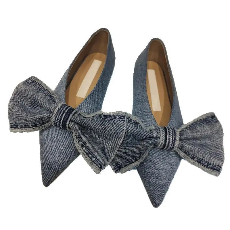 LIZAKOSHT  -  New Blue Square Toe Bowknot Princess Single Shoes Spring and Summer Denim Shallow Mouth Sweet Personality Casual Flat Shoes