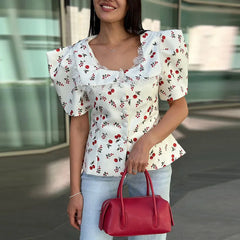 LIZAKOSHT  -  Square Neck Lace Trim Floral Print Short Blazer Puff Sleeve Single Breasted Summer Street Lady Women Sweet Elegant Outfit