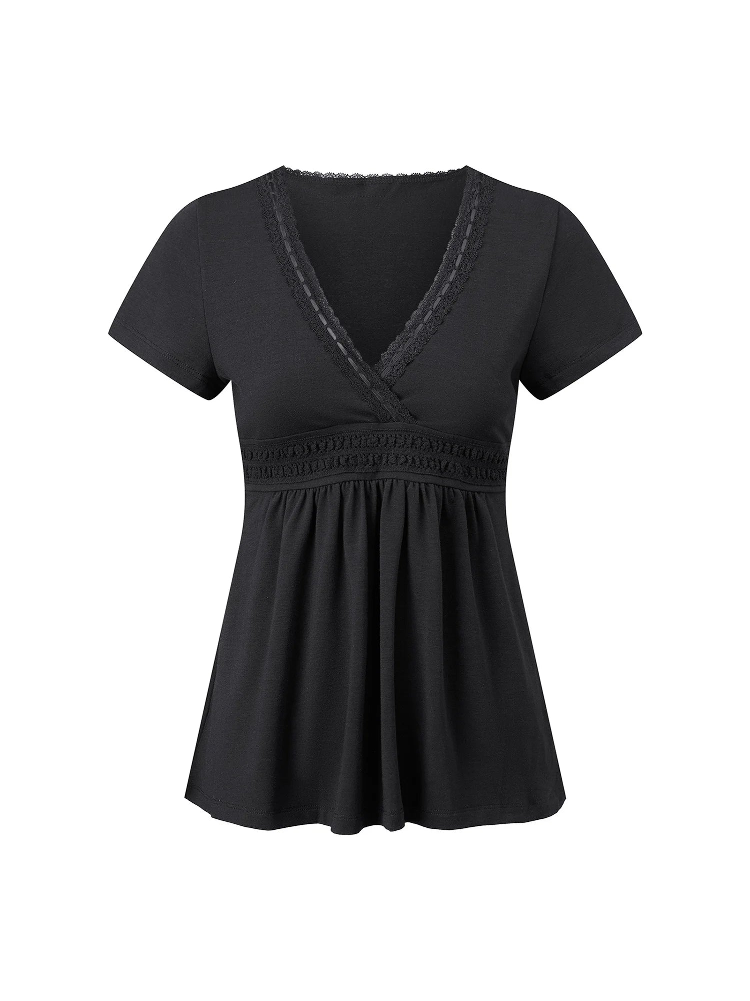LIZAKOSHT  -  Y2K Grunge Babydoll T-shirt Lace Trim V Neck Empire Waist Milkmaid Tees E-girl Retro Aesthetic Blouse Tees Streetwear