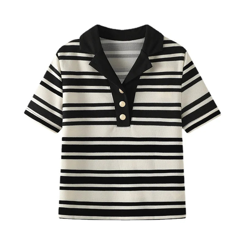 LIZAKOSHT  -  Black and White Striped Loose Short-sleeved T-shirt V-neck Pullover Bottoming Casual Shirt Summer New Style