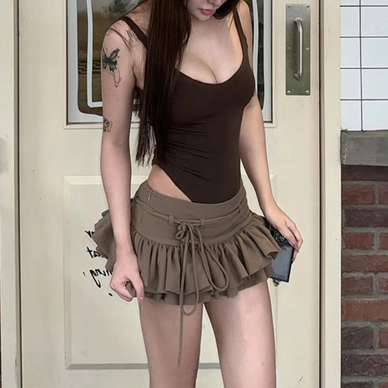 LIZAKOSHT  -  2025 Maillard Style Y2K Retro Brown Hot Girl 2 Piece Sexy Skirt Suit U Collar Sleeveless Bodysuit+Drawstring Pleated Skirts