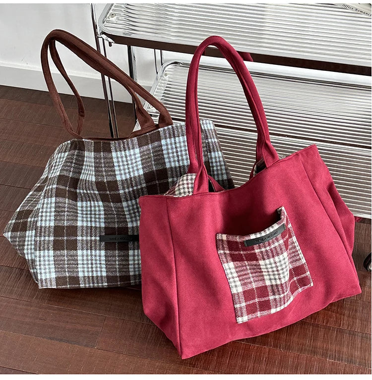 LIZAKOSHT  -  Autumn and Winter Woolen Plaid Shoulder Bag Double Sided Use Handbag Large Capacity Tote Bags For Women