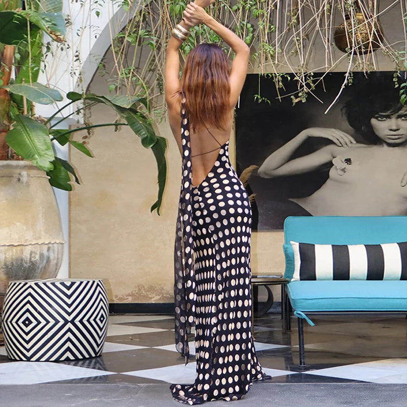 LIZAKOSHT  -  Elegant Hanging Neck Backless Off-shoulder Polka Dot Chiffon Slimming Irregular Long Dress Party Vacation Clothes For Women
