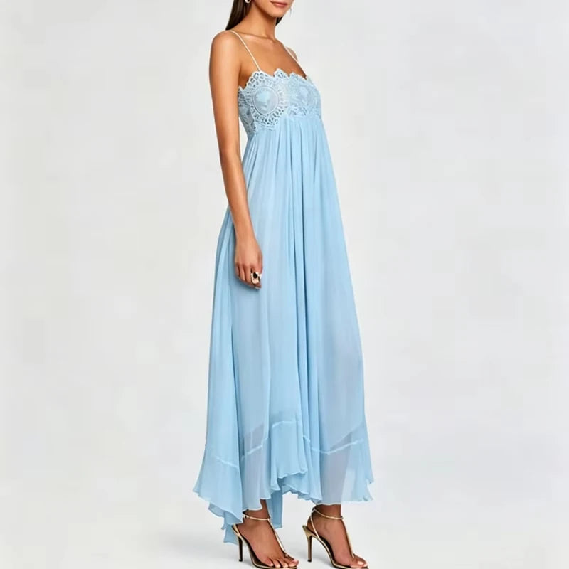 LIZAKOSHT  -  Sexy Off Shoulder Silk Suspender Dress Elegant Lace Embroidery Splice Party Dress Lady Fashion Sleeveless Pleat Solid Long Dress