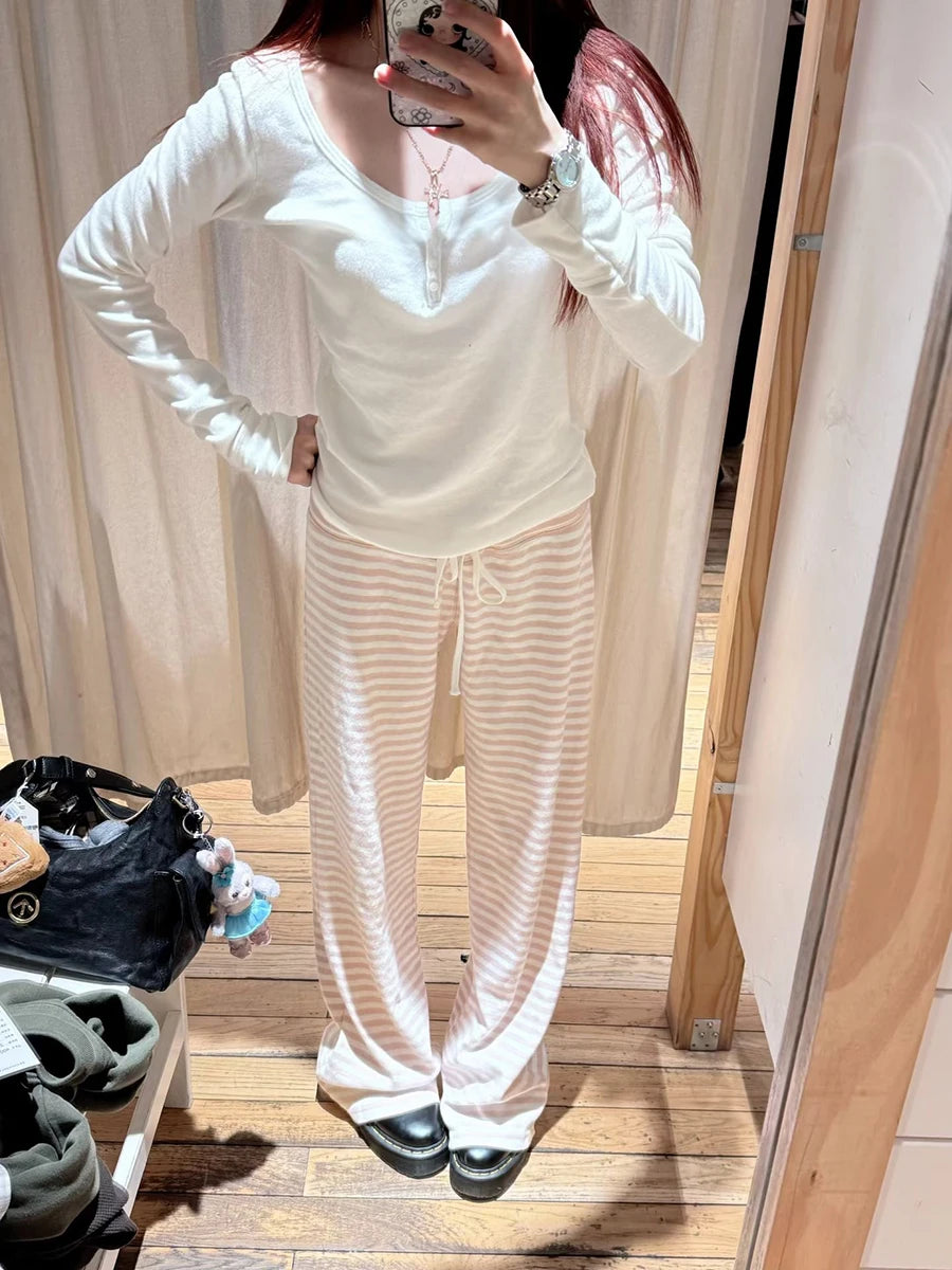 LIZAKOSHT  -  Pink Striped Cute Wide Leg Pants Women Autumn New Low Waist Drawstring Trousers Female Sweet Preppy Style Sport Sweatpants New