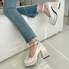 LIZAKOSHT -  Thick heels, high heels, women's spring and autumn new French Marijane shoes with bow  wedding shoes bride