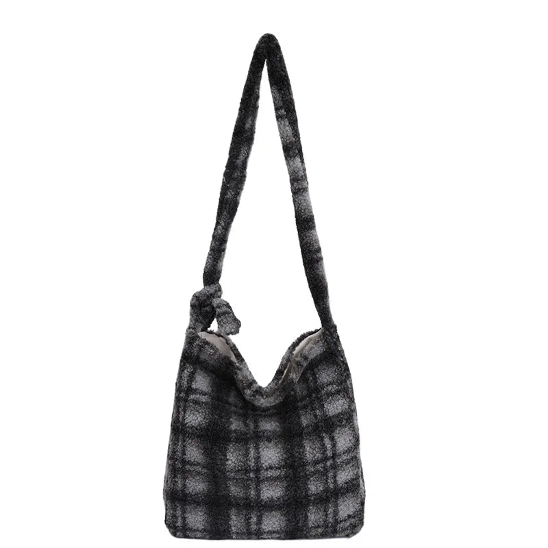 LIZAKOSHT  -  New Winter Autumn Plaid Furry Crossbody Bag Women Large Capacity Retro Shoulder Tote Bucket Bag Simple and Versatile Storage Bag