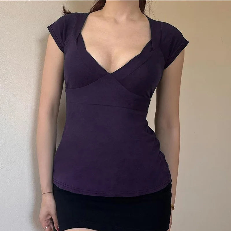 LIZAKOSHT  -  Bow Tie V Neck Short Sleeve T Shirts Women Clothing Summer Girls Tops