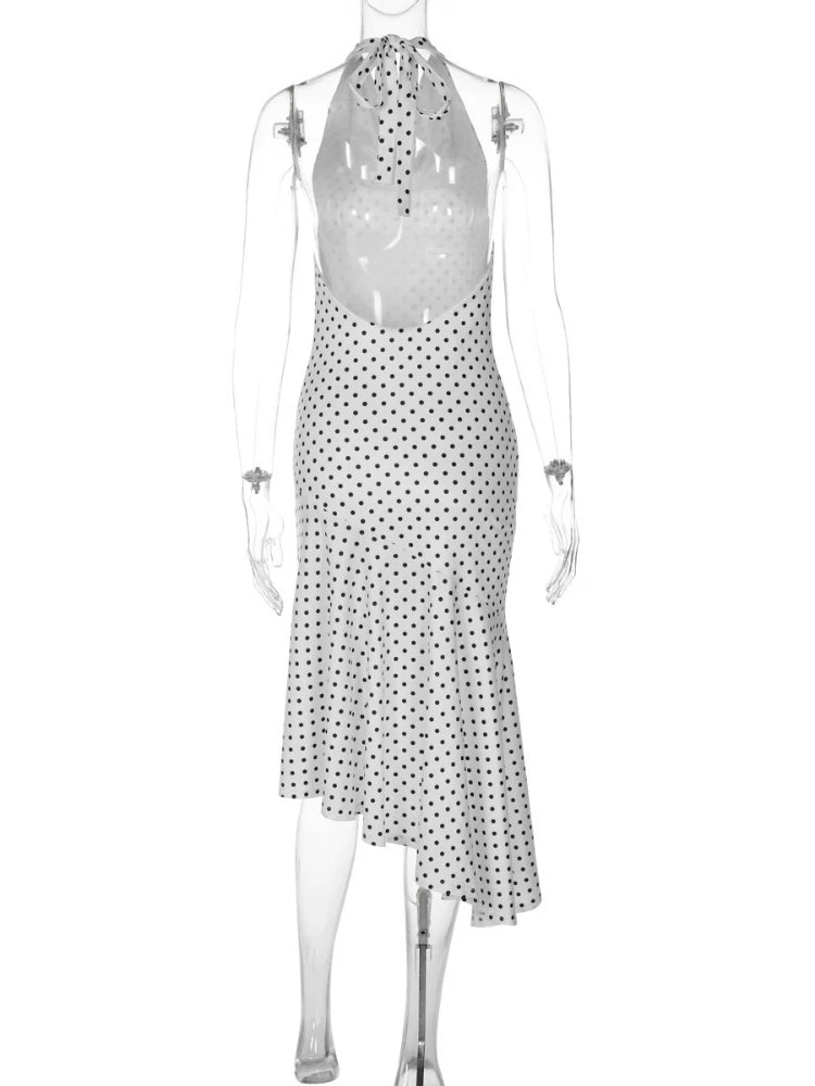 LIZAKOSHT  -  Woman Clothes Halter Backless Polka Dot White Dress Summer Off Shoulder Sleeveless Ruffles Evening Party Dresses