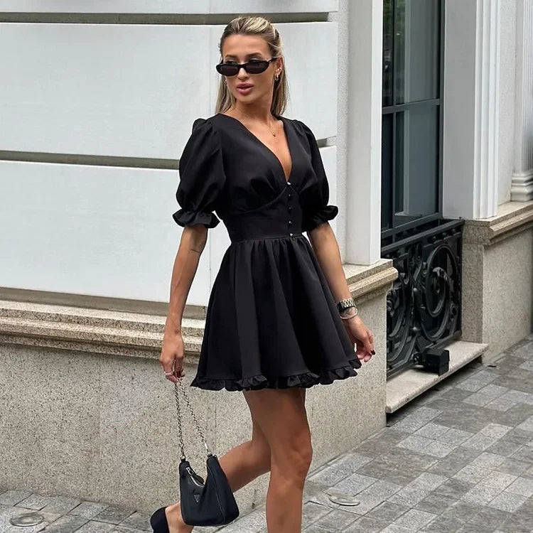 LIZAKOSHT  -  Summer Black V-Neck Mini Dress For Women Ruffled High Waist Slim Commute Elegant Party Dress Female Solid Bodycon Dress