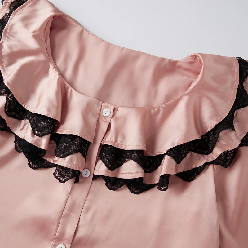 LIZAKOSHT  -  Women Satin Silk Pajamas Lace Trim Long Sleeve Turn Down Ruffles Button Up Blouse Tops + Pants Lounge 2 Pcs Set