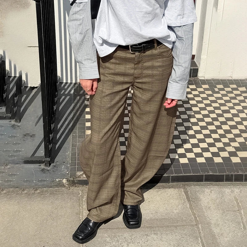 LIZAKOSHT  -  Retro Fashion Street Trousers For Women 2026 Plaid Printing High Waisted Loose Fit Curved Shaped Pants Casual Commuter Wear
