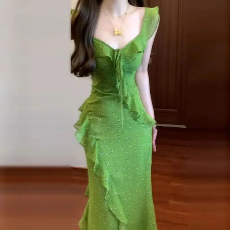 LIZAKOSHT  -  French Style Floral Print Backless Fish Tail Long Dress Summer Vacation Casual Loose Fit A-Line Skirt Green Leaf