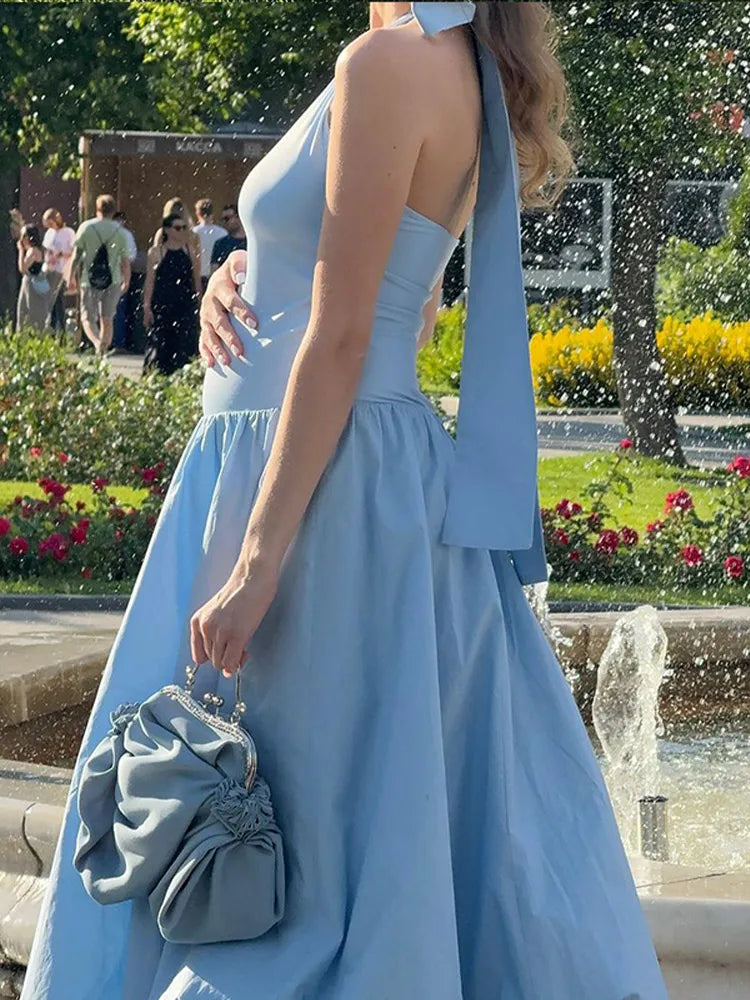 LIZAKOSHT  -  Blue Chic Women's Pleated Halter Lace Up Midi Dress Elegant Backless Sleeveless High Waist A-line Robe Lady 2024 Street Vestido