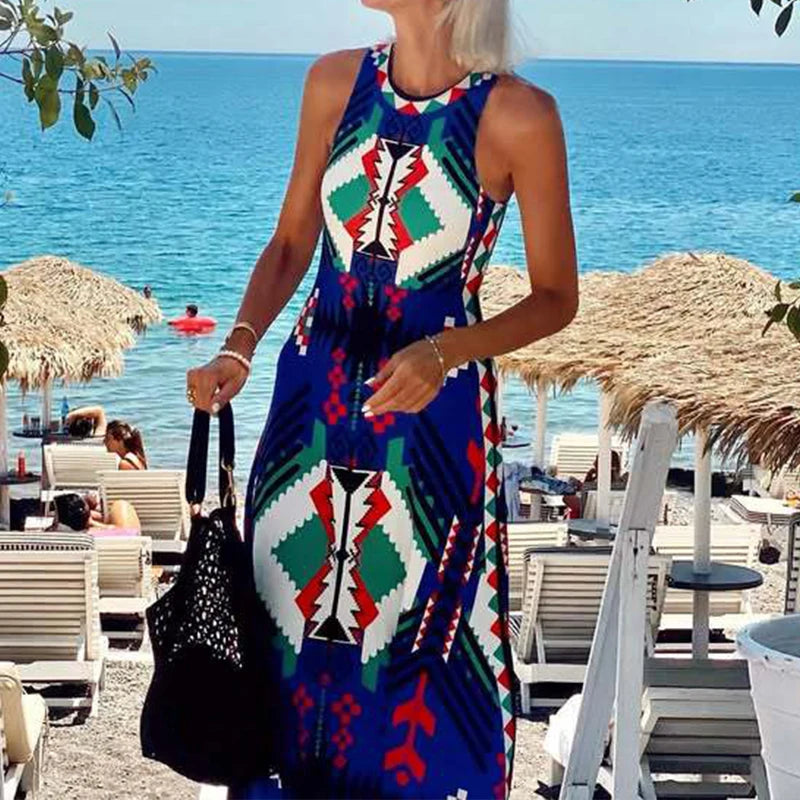 LIZAKOSHT  -  Elegant O-neck Sleeveless Bohemian Dress Women Fashion Waist Long Party Dresses 2025 Summer Vintage Pattern Printed Beach Dress