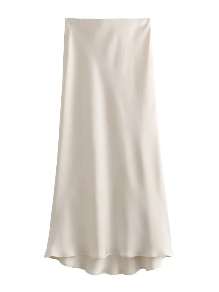 LIZAKOSHT  -  White High Waist Slim Maxi Skirt For Women Satin Fashion Elegant Solid Patchwork Casual Clothes Summer Long Skirt New