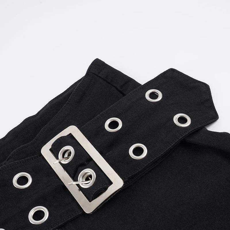 LIZAKOSHT  -  Y2k Heavy Duty Eyelet Belt Flared Jeans Punk Grunge Low-Waist Slim Skinny Denim Trousers Aesthetic 2000s Pants Fashion