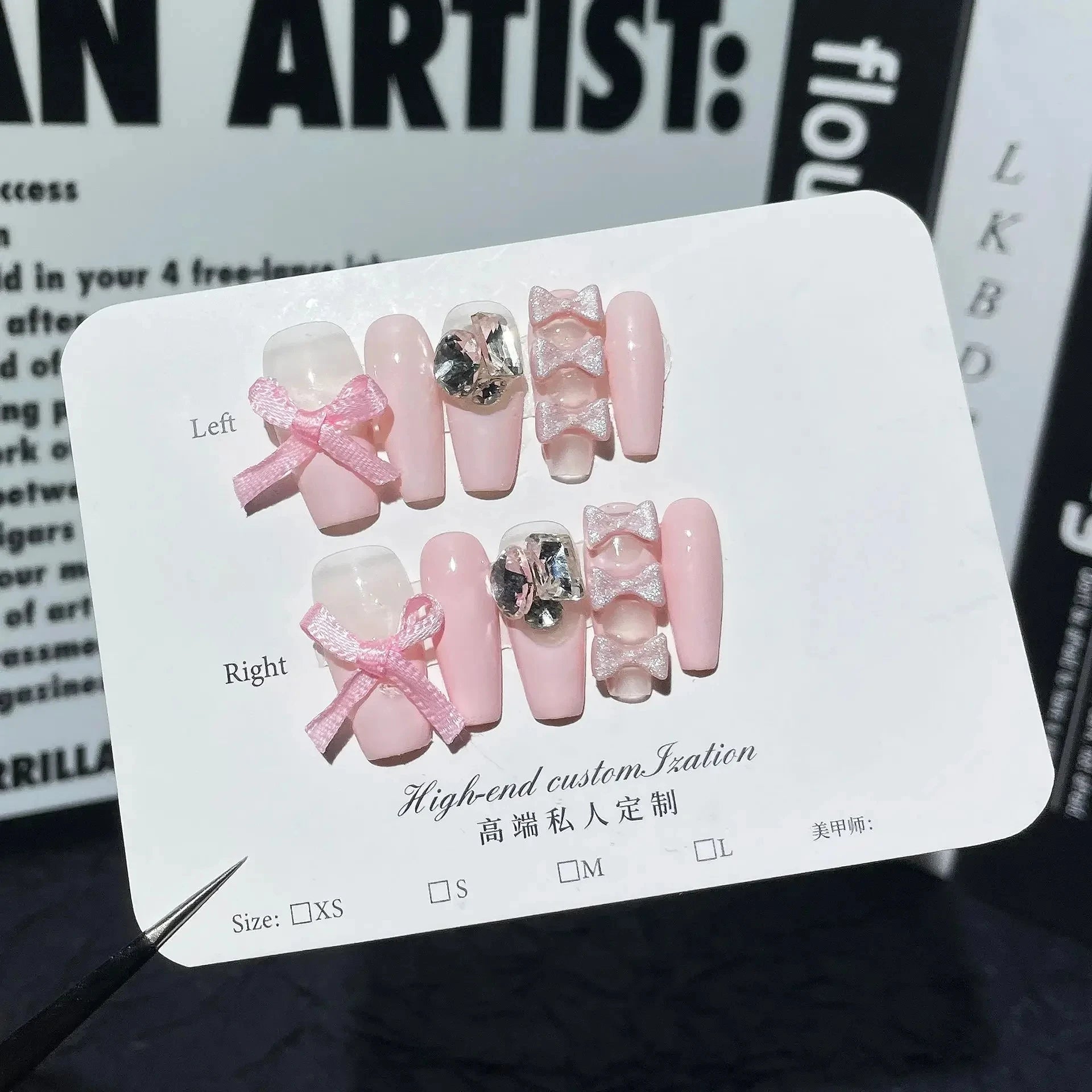 LIZAKOSHT  -  10pcs Handmade Anime Fake Press On Nails Professional Full Cover Japanese Decorated Manicuree With Bow Tie Wearable Nail Art Tip