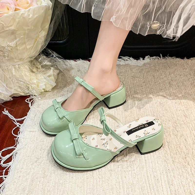 LIZAKOSHT  -  Summer Butterfly-knot Cover Toe Women Slippers Elegant Thick Heel Dress Slides Ladies Concise Slingback Dress Sandals Mule Shoes
