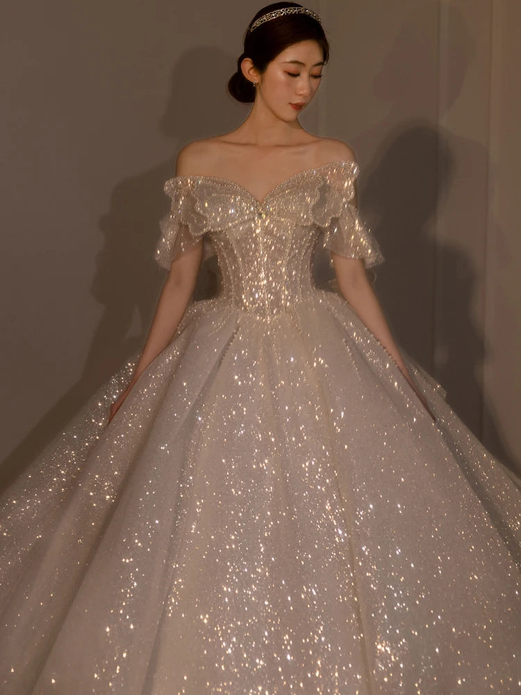French Style Off Shoulder Sequin Wedding Dresses Women Bow Shiny Blingblng Luxury Wedding Dress Exquisite Elegant Gown