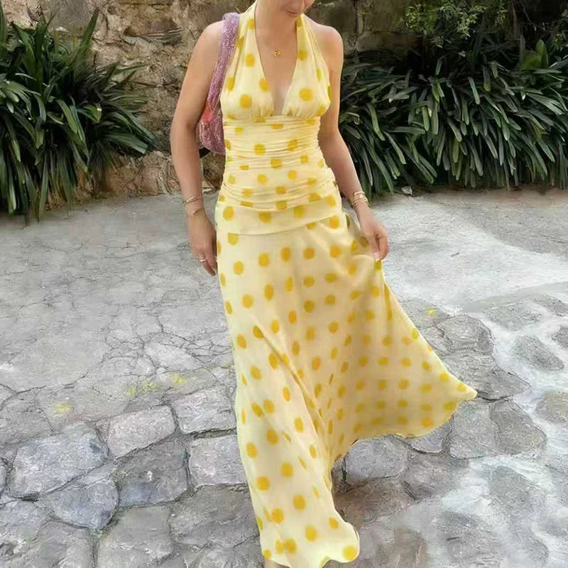 LIZAKOSHT  -  Elegant Polka Dot Backless Pleated Dress Temperament High Waist Sleeveless Dress Sexy Hanging Neck Off Shoulder Club Party Dress