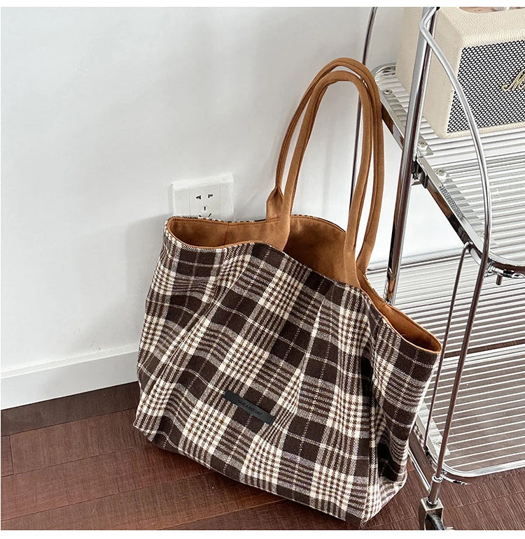 LIZAKOSHT  -  Autumn and Winter Woolen Plaid Shoulder Bag Double Sided Use Handbag Large Capacity Tote Bags For Women