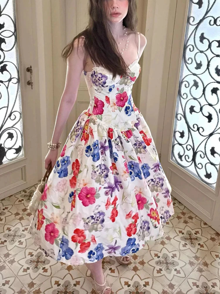 LIZAKOSHT  -  French Sweet Romantic Floral Print Cami Dress Women Summer New Vintage Vacation Style Slim Fit A-Line Midi Dress Elegant Outfits