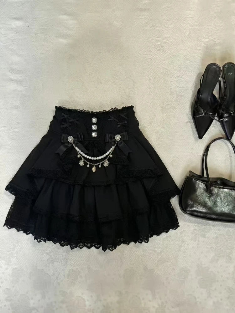 LIZAKOSHT  -  Japanese Lolita High-waist Lace Cake Skirt Sweet Kawaii Bow Thin Patchwork Short Skirts Female Design Lovely France Clothes