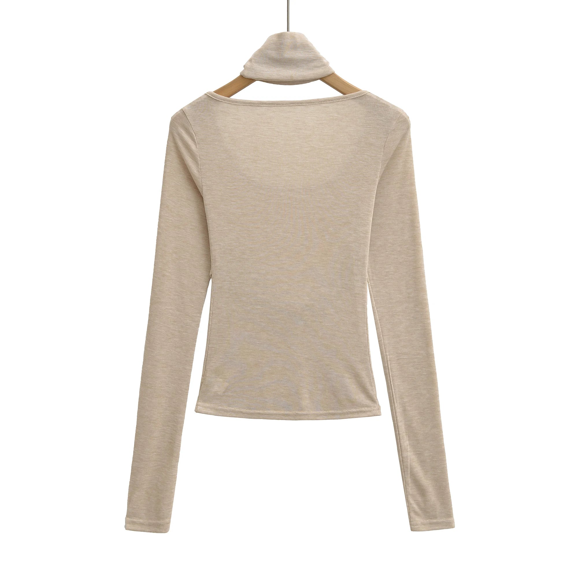 LIZAKOSHT  -  3 color Spring Removable High Collar Long Sleeve T Shirt Women Spliced Ruched Chest Stretch T-shirt Skinny Top Apricot White