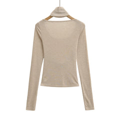LIZAKOSHT  -  3 color Spring Removable High Collar Long Sleeve T Shirt Women Spliced Ruched Chest Stretch T-shirt Skinny Top Apricot White