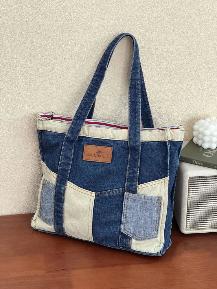 LIZAKOSHT  -  Women's Cowboy Shoulder Bag Shopping Bags Splicing Denim Handbag Fashion Simple Tote