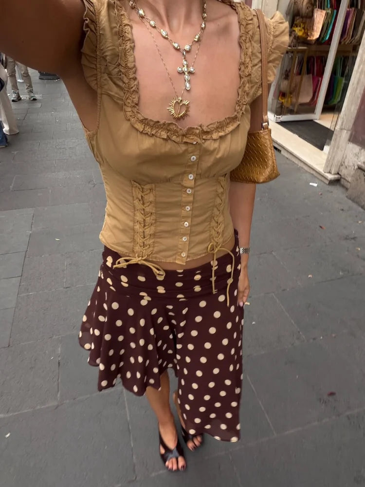 LIZAKOSHT  -  Brown Wide Shoulder Strap Square Collar Lace Up Top Single Breasted Waist Cinching Cropped Vest Women Summer Casual Tops