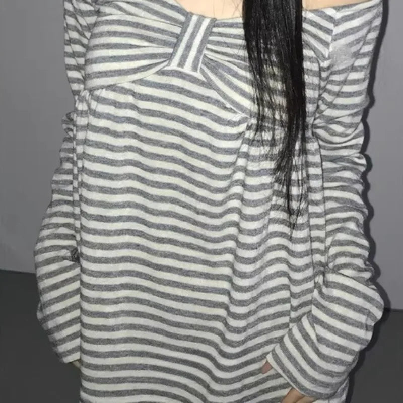 LIZAKOSHT  -  Spring Autumn T Shirt for Women Bows Stripes Y2k Clothes Ropa De Mujer Japanese Style Vintage Slash Neck Tees