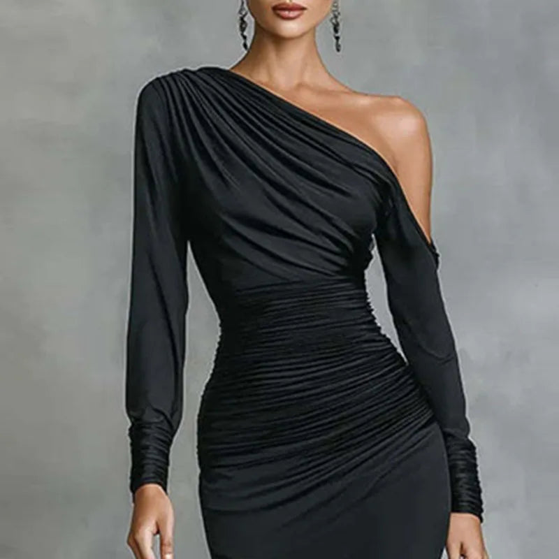 LIZAKOSHT  -  Sexy Skew Collar Hollow Solid Evening Dress Woman Elegant High Waist Pleated Dress Fall One-shoulder Long Sleeve Slim Maxi Dress