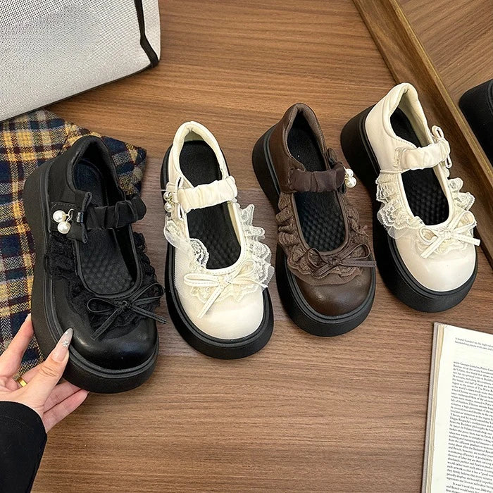 LIZAKOSHT  -  British Style Vintage Women Mary Jane Shoes Concise Butterfly-knot Single Shoes Ladies Height Increase Dress Leather Pumps
