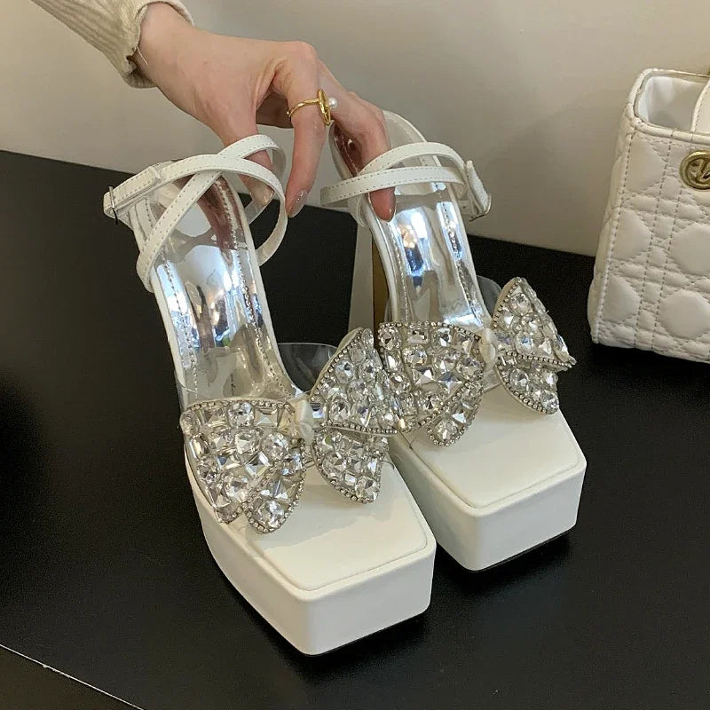 LIZAKOSHT  -  Luxury Rhinestone Transparent Platform Sandals Women Open Toe Summer Fashion Slingback Party Dress Shoes Crystal Bow High Heels