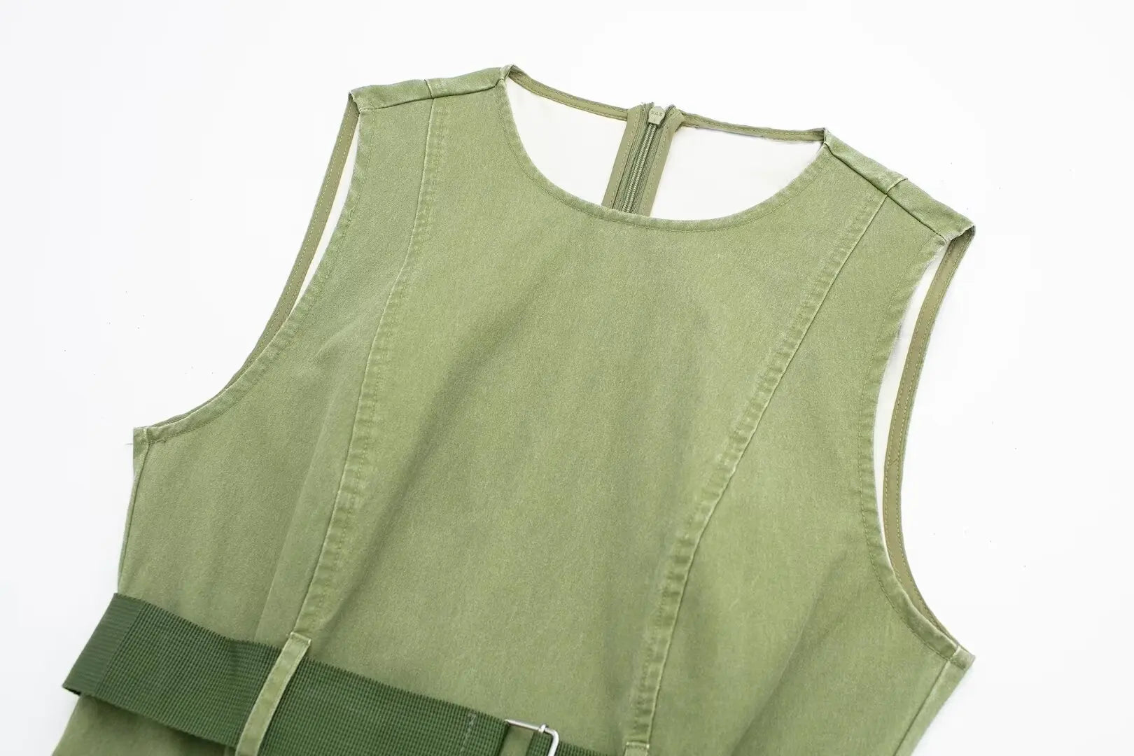 LIZAKOSHT  -  Europe and America Wind Spring New Round Neck Leisure Green Fashion with Belt Sleeveless Tooling Vest Skirt Dress