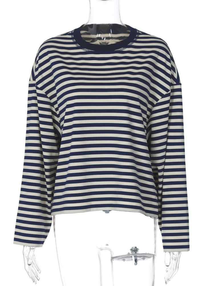 LIZAKOSHT  -  Casual Striped T-shirts for Women 2025 Autumn O-neck Long Sleeve Loose Tops Tees Female Contrast Color T Shirt Streetwear