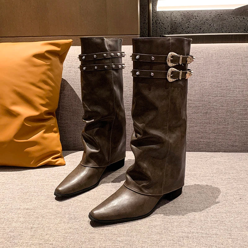 LIZAKOSHT  -  Designer Rivet Woman Knight Boots Shoes Ladies Elegant Thick Heel Trouser Legs Long Botas Autumn Winter Women's Booties