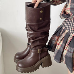 LIZAKOSHT  -  Winter Punk Style Woman Platform Knight Boots Fashion Belt Buckle Shoes Ladies Concise Height Increase Long Booties