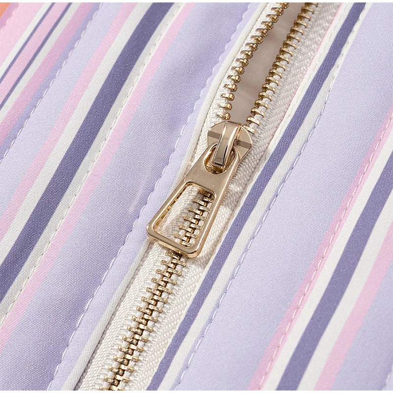 LIZAKOSHT  -  Chic Colorful Striped Lapel Collar Jacket Women Full Sleeve Zipper Patch Pockets Coat 2025 Autumn Female Chic Casual Outerwear