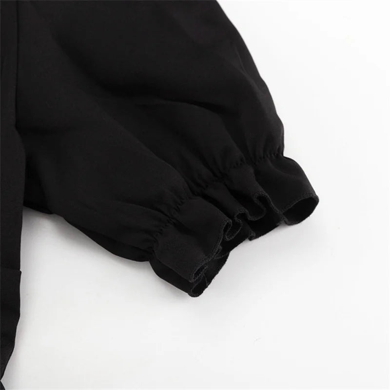 LIZAKOSHT  -  Deep V-neck Puff Sleeve Mini Dress Women Sexy High Waist Patchwork Button Fashion Slim Black A-line Club Party Dress